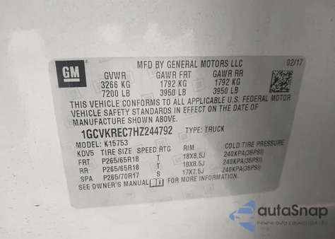 2017 Chevrolet Silverado 1500 1Lt из США, поврежденный, VIN 1GCVKREC7HZ244792